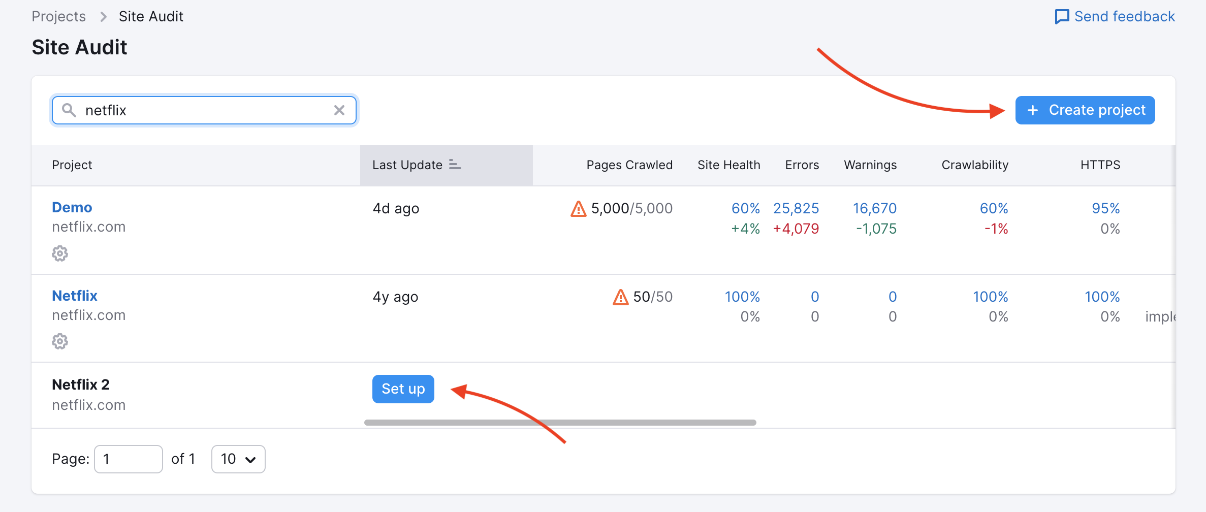 An example of Site Audit starting page for those who already have projects set up. One red arrow is pointing at the blue button on top of the project list, called Create project; the second red arrow is pointing at the Set up button available for the third example project. Set up button only appears if a project has been created but has no Site Audit campaign yet.