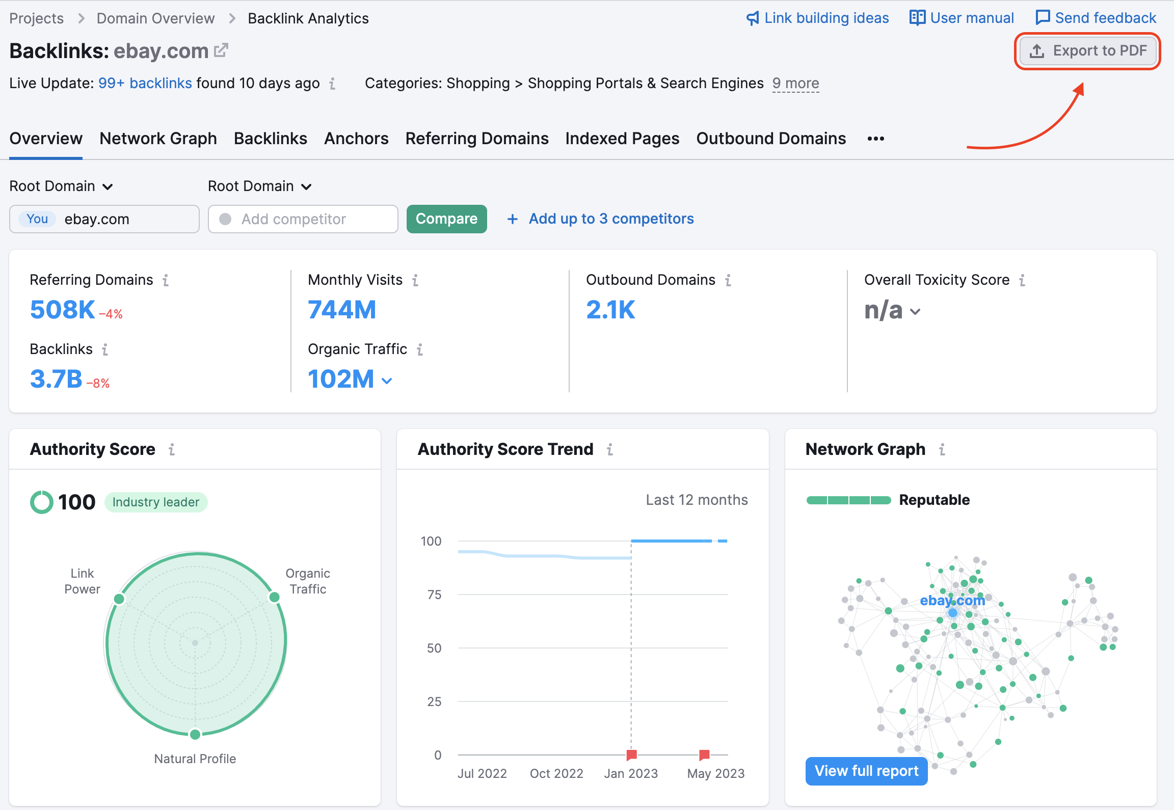 Exporting PDF in Backlink Analytics