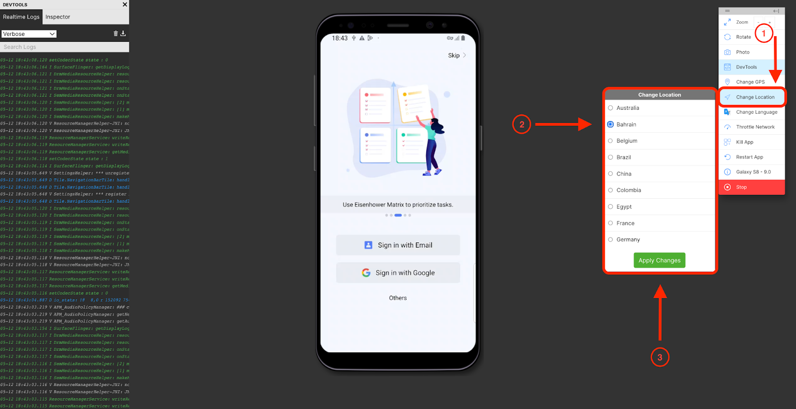  An example of how to save your GPS, language, and location changes in the Mobile App Tester.