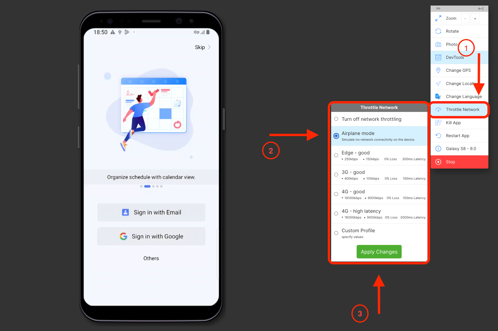 An example of how to throttle the network in the Mobile App Tester.