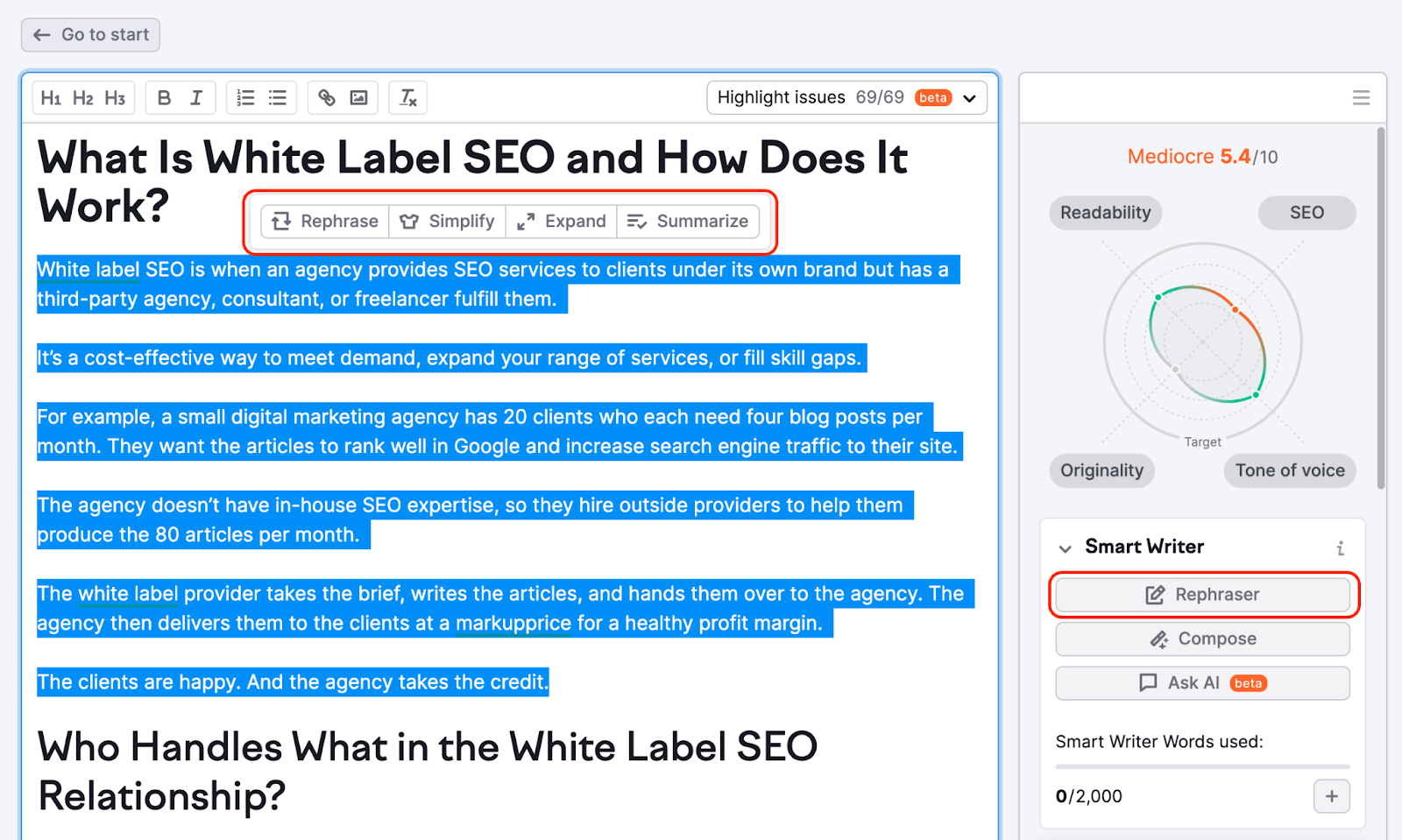 An example from SEO Writing Assistant tool showing how to use the Rephraser feature. 