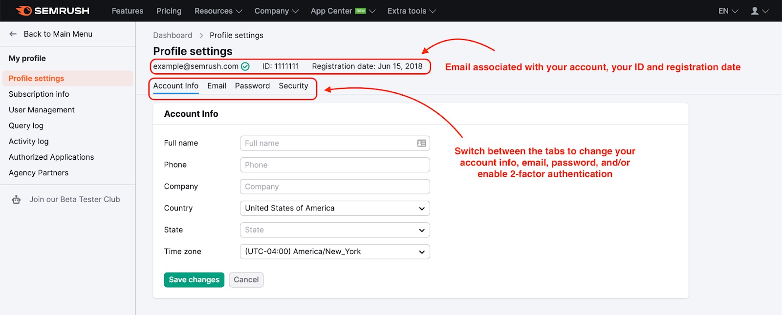 Profile Settings menu with a red rectangles highlighting the tabs, email, profile ID, and registration date.