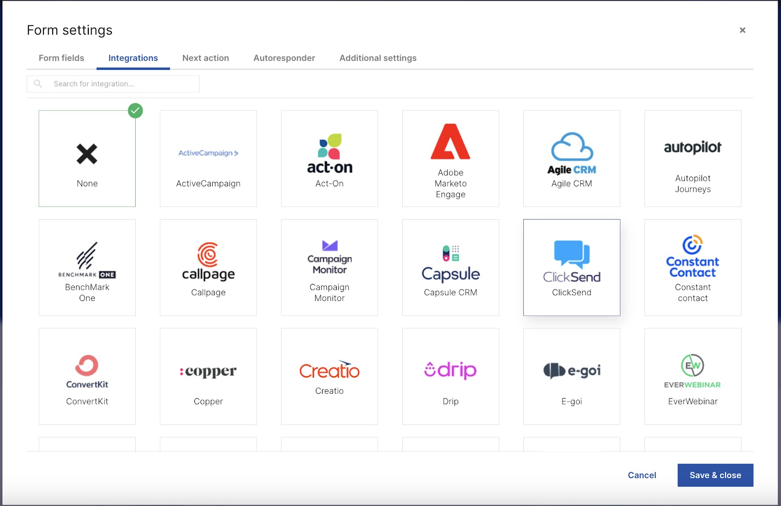 The integrations tab in form settings enables you to send form submissions to your tool of choice.