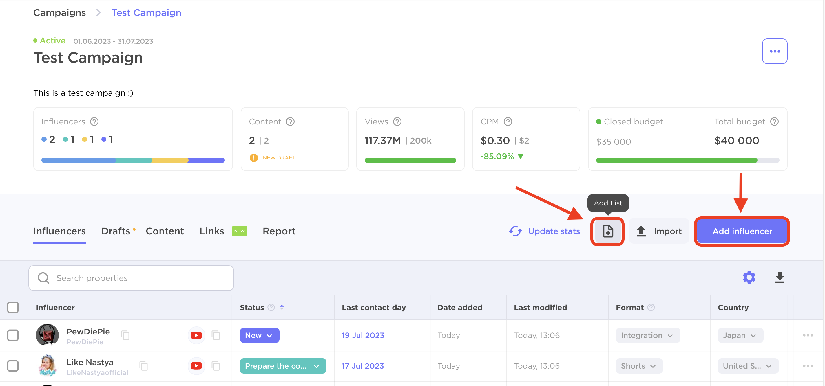 How to add influencer/list.