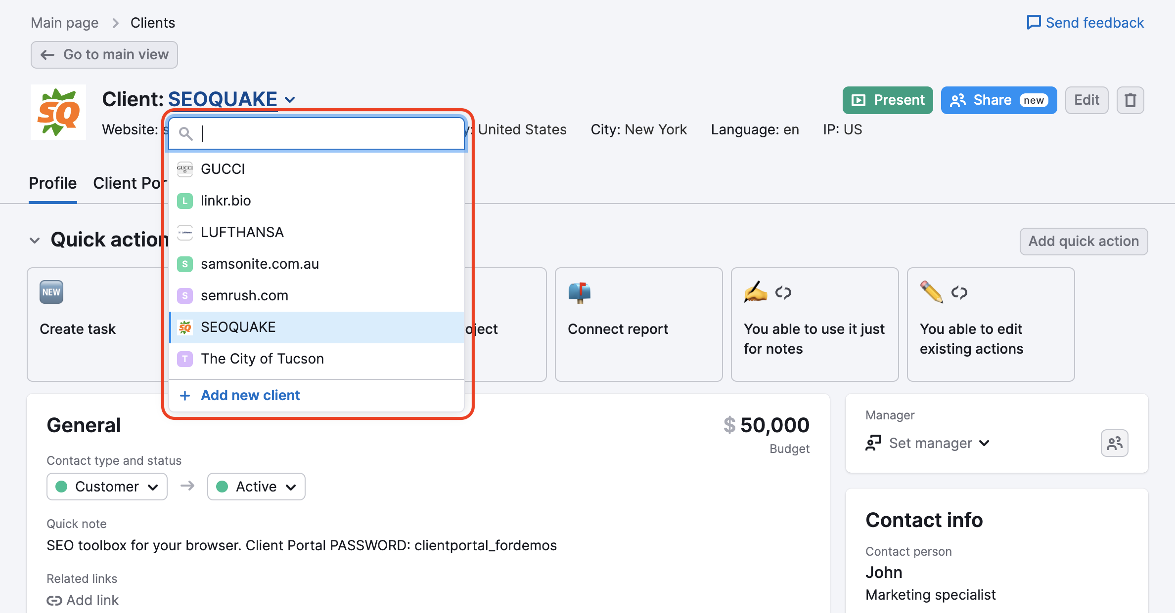 An example of the Profile tab in CRM with a red rectangle highlighting the drop-down menu where you can select the pages of your clients.