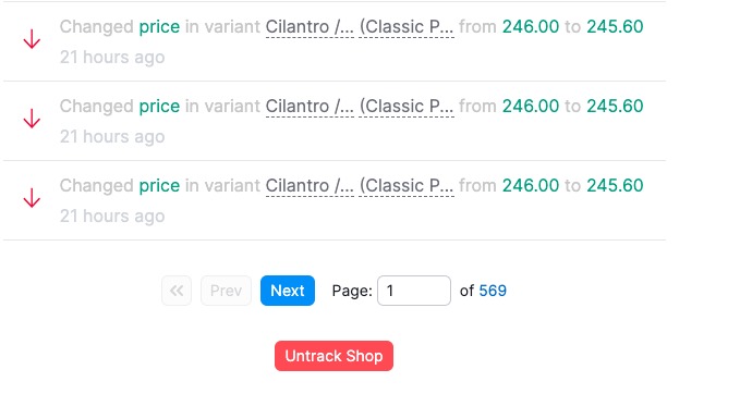 The bottom of the Shop Feed, with a page count and navigational buttons, followed by an ‘Untrack Shop’ button in red.