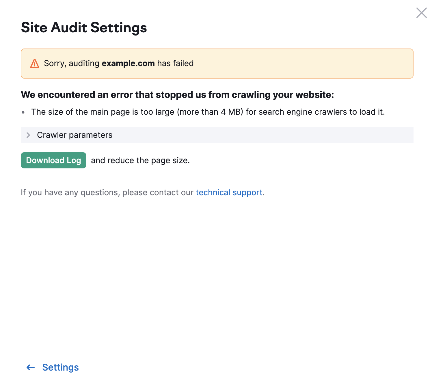 A pop up window that appears if your Site Audit fails to start. It states: 'We encountered an error that stopped us from crawling your website: The size of the main page is too large (more than 4 MB) for search engine crawlers to load it.'