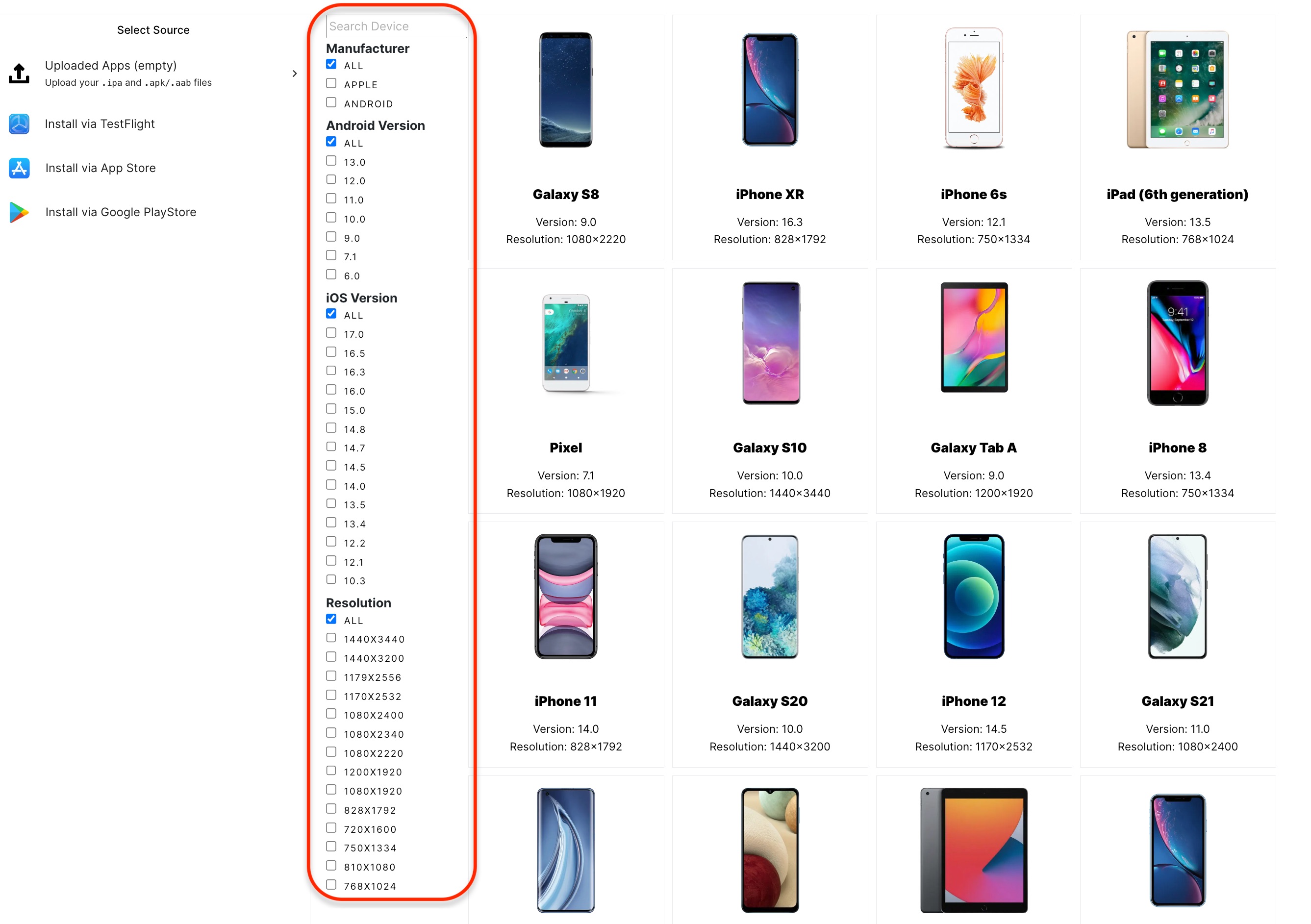 An example of how to filter your preferred app testing device in the Mobile App Tester.