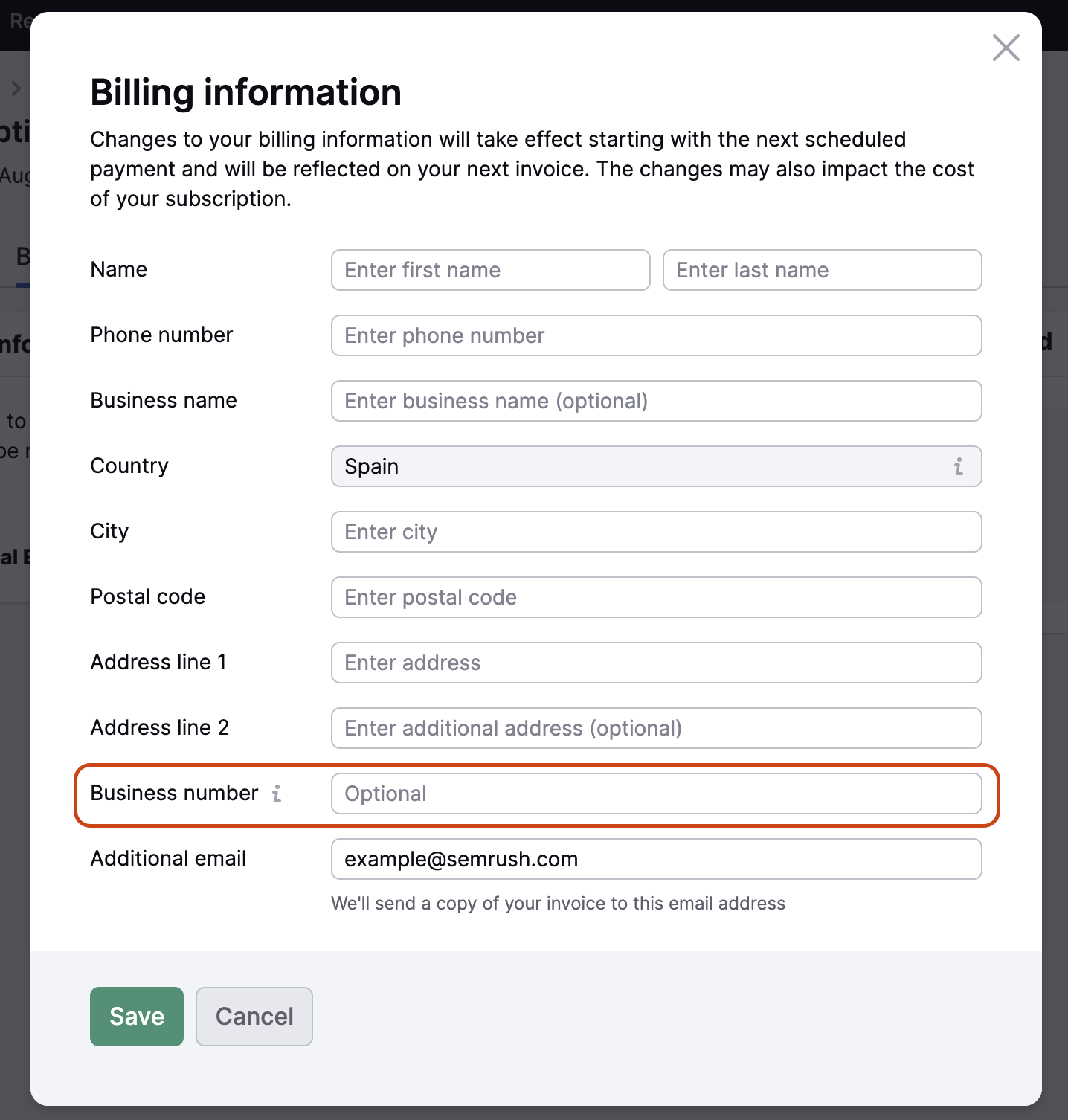 An example of Billing Information window open, with a field for a Business number highlighted with red.