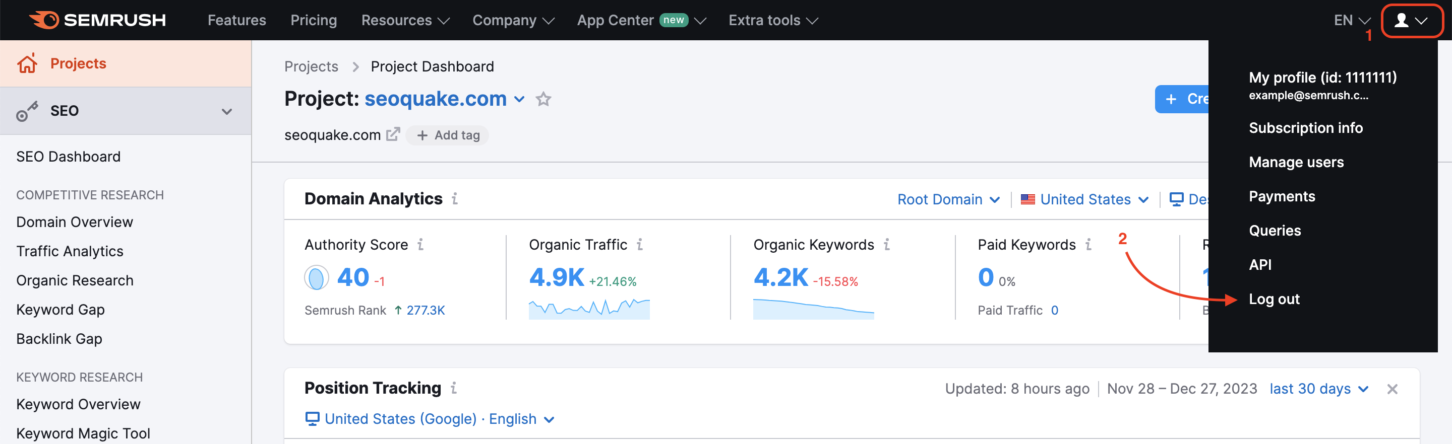 Project Dashboard with an open drop-down menu in the top-right corner: a red arrow points to 'Log out'.