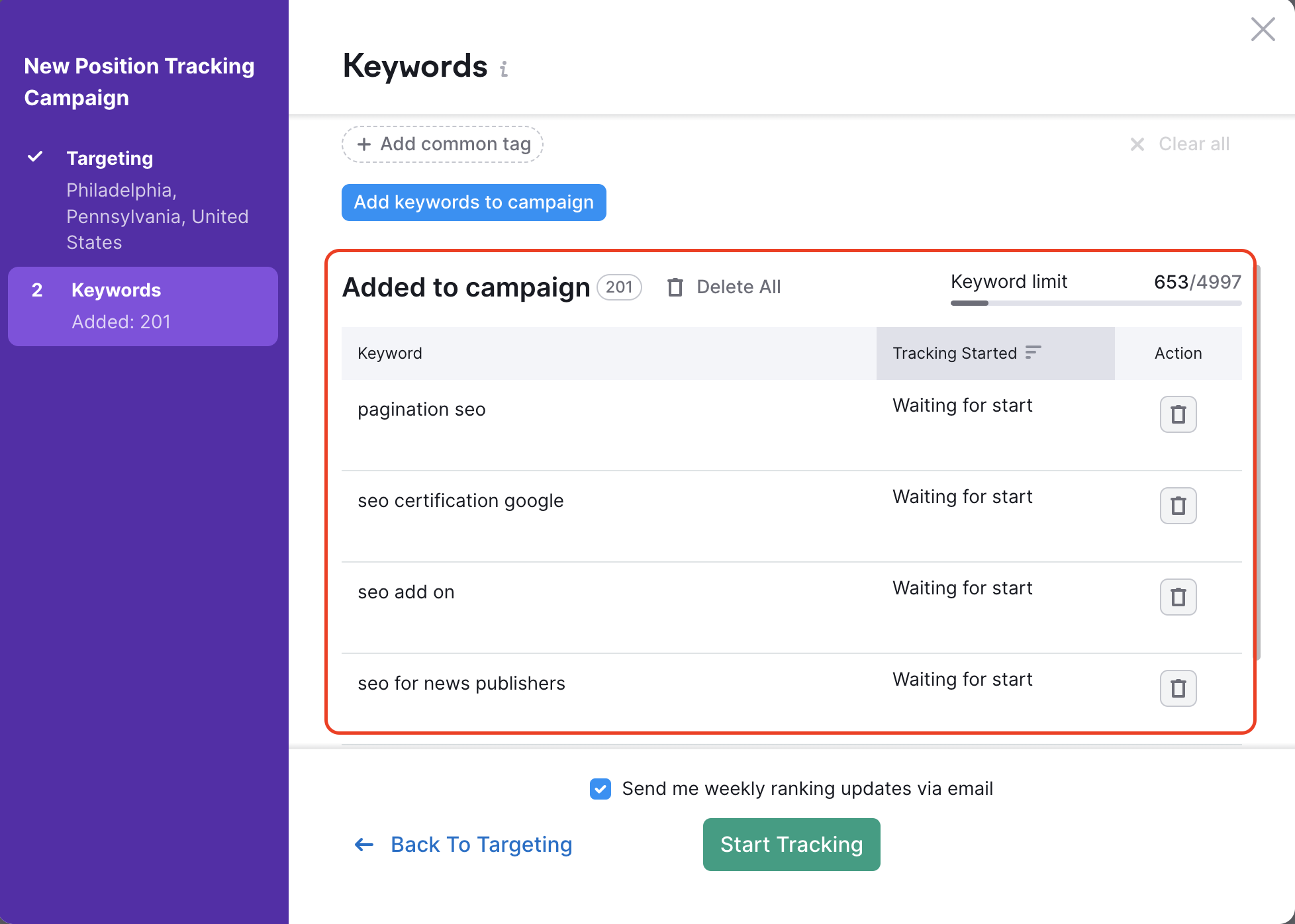 Position Tracking configuration window – Keywords. A red rectangle is highlighting the Added to campaign section. 