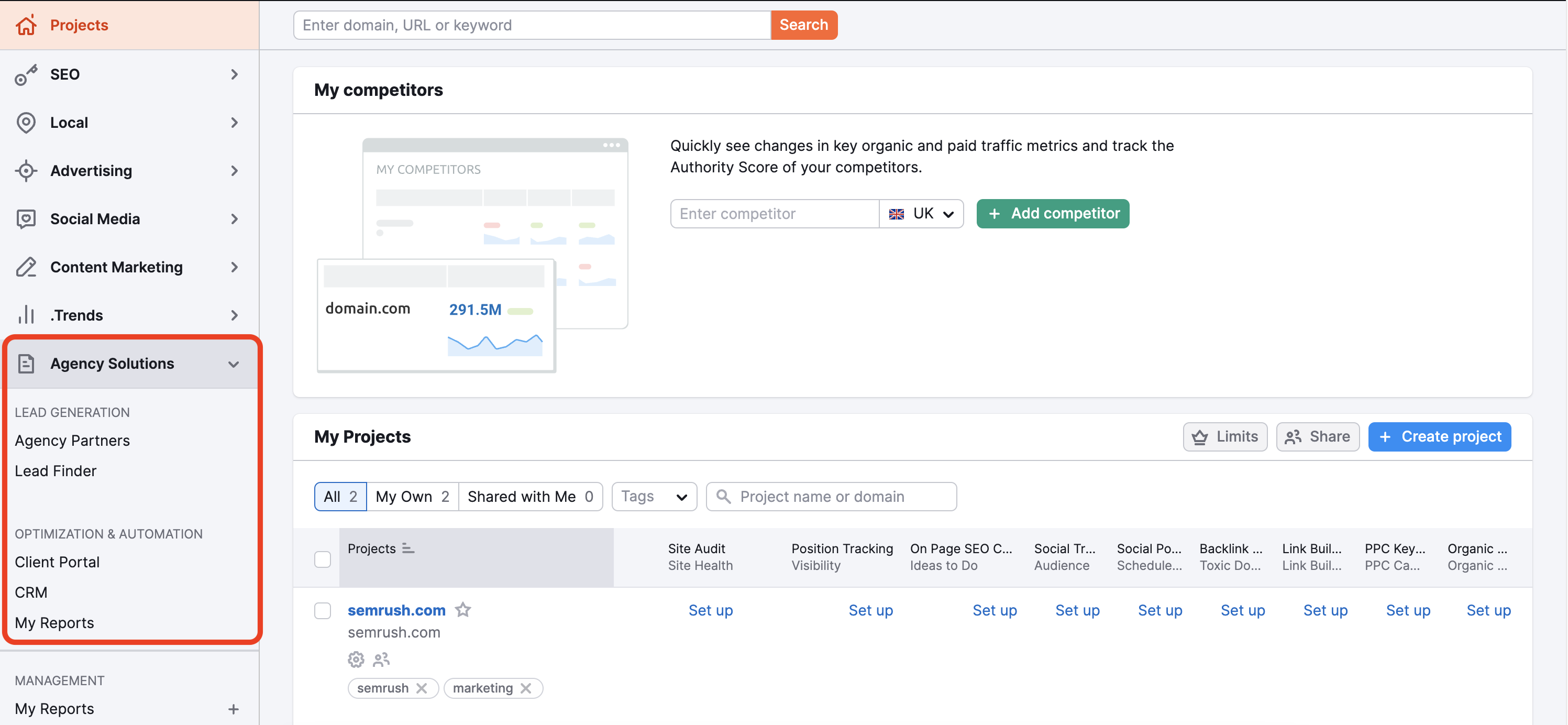 The Semrush platform with the Agency Solutions toolkit on the left highlighted in red. 