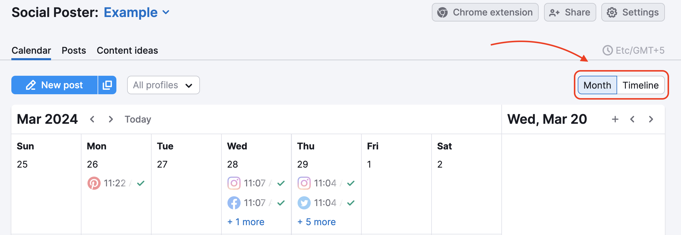 An example of the Social Poster Calendar tab with a red rectangle highlighting the Month/Timeline switcher at the top-right of the table and a red arrow pointing to it. 