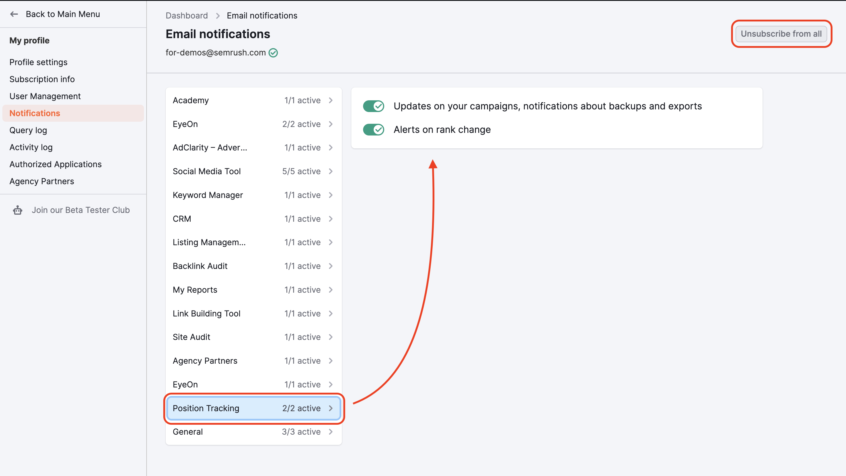 Notifications button is highlighted with a red rectangle in the menu on the left. In the notifications tab there's an example of how to unsubscribe from the Position Tracking notifications – Position Tracking is highlighted with a red rectangle and a red arrow is pointing to the green 'unsubscribe' toggle. Also, the 'Unsubscribe from all' button is highlighted. 