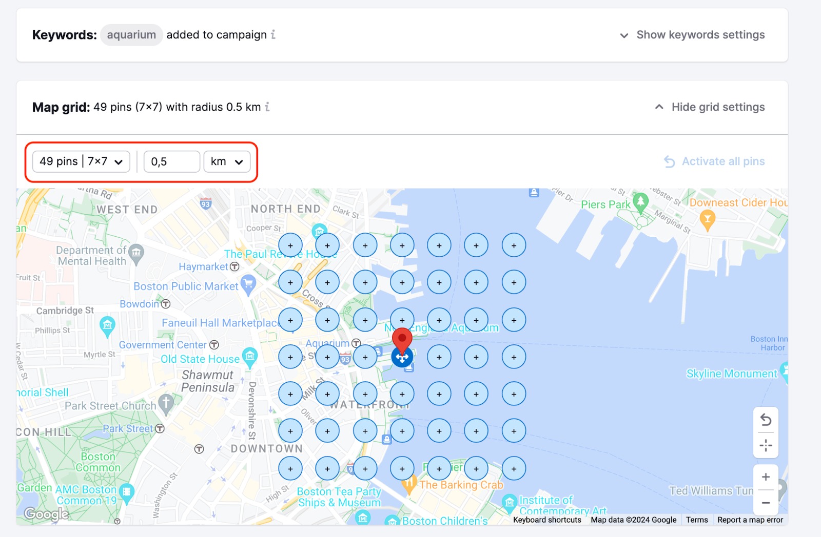 The map will show a grid of dots. Grab and drag this grid with your mouse to your desired search area. You can also easily designate specific measurements above the map in the 'Grid settings' section highlighted with a red rectangle above the grid.  