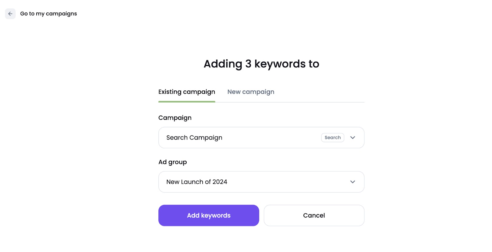 An example of adding keywords to an Existing campaign in the Ads Launch Assistant app.