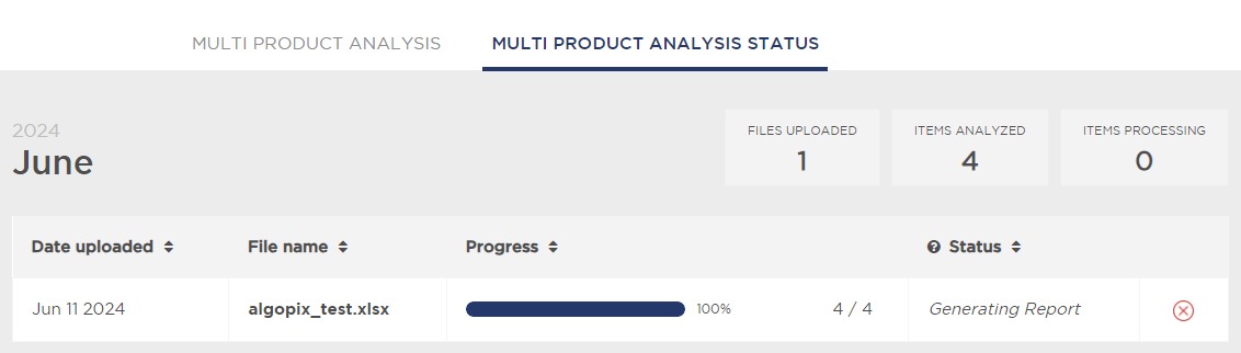 The status tab in the ‘Multi Product Analysis’ feature of Product Research Pulse.