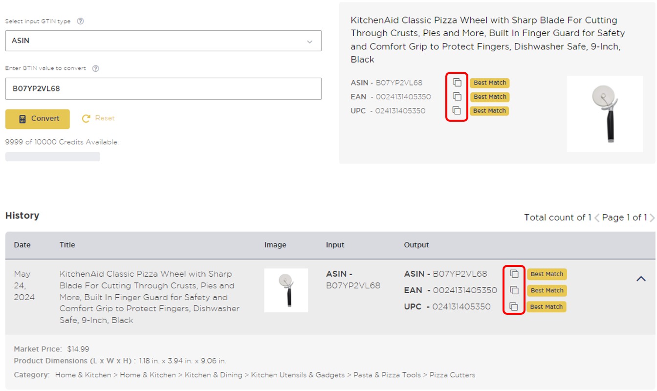 An example of results in the ‘Identifier Converter’ tool in Product Research Pulse.