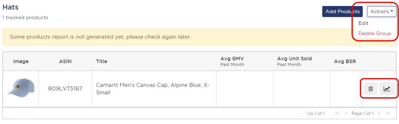 How to edit, delete or investigate groups and products in the ‘Track Products’ tool in Product Research Pulse.