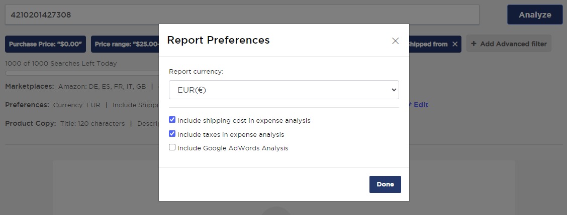 Choosing report preferences in the ‘Single Product Analysis’ feature of Product Research Pulse.