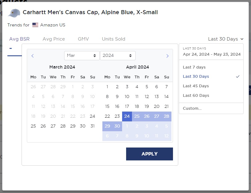 Setting a timeframe for results in the ‘Track Products’ tool in Product Research Pulse.