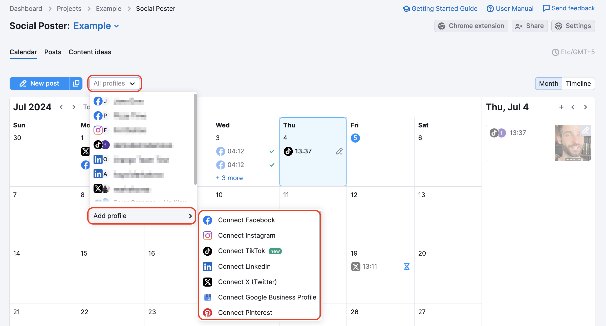 A dropdown menu of Calendar tab in Social Poster. Below all connected profiles, 'Add profile' button is highlighted that opens another dropdown menu with options to select a social media for a new profile.