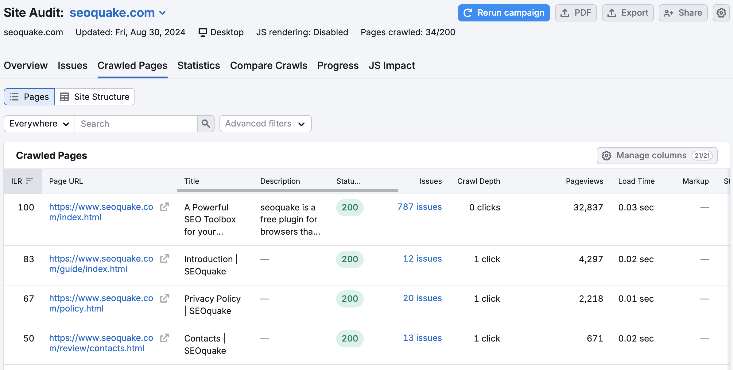 The Crawled Pages Report inside the Site Audit tool. 