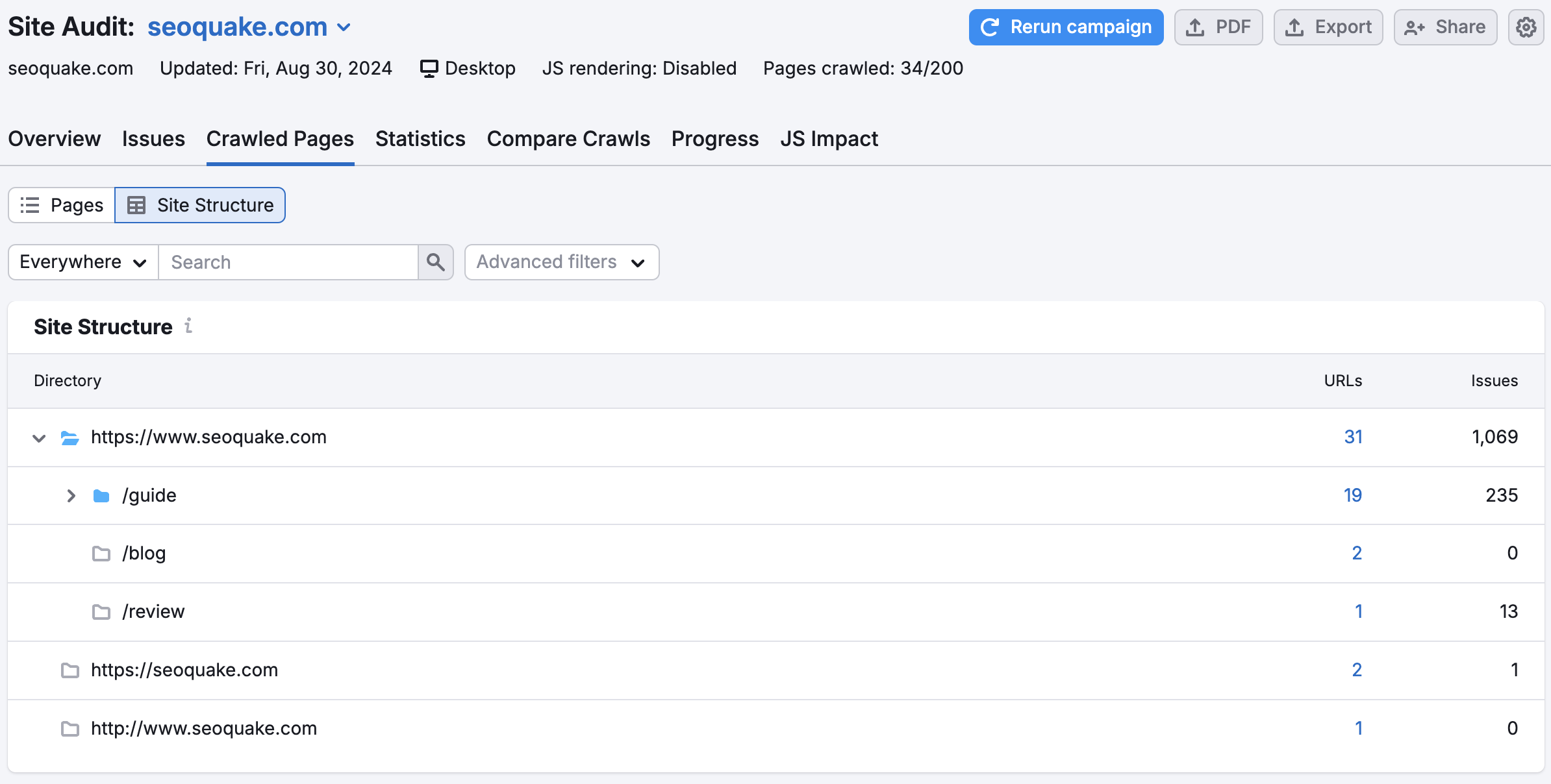 The Site Structure view with the Crawled Pages report in Site Audit. 