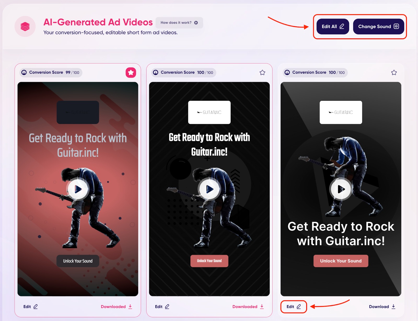An example of the ‘AI-Generated Ad Videos’ section with ‘Edit All,’  ‘Change Sound,’ and 'Edit' buttons highlighted with red.