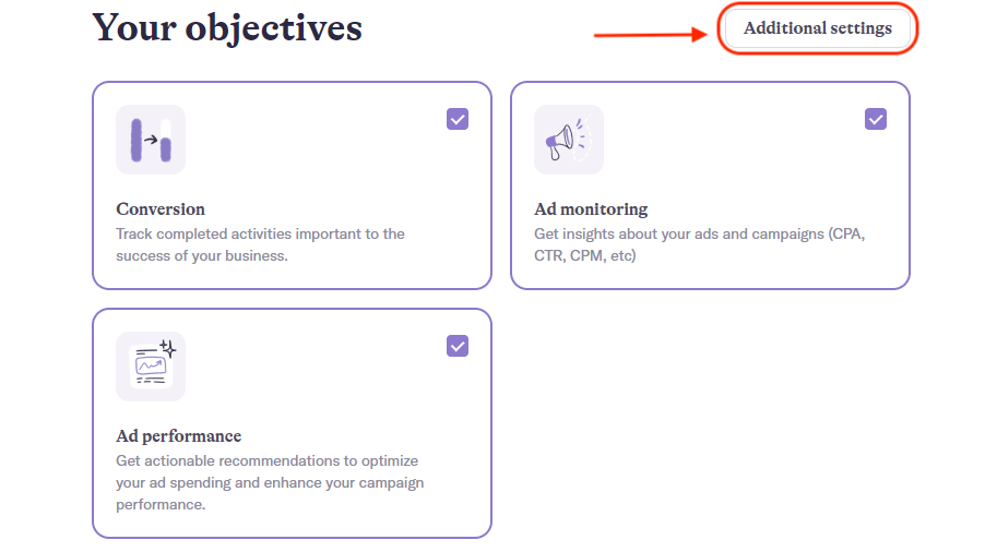 Setting your objectives and accessing additional settings in AI Narratives for Google Ads.