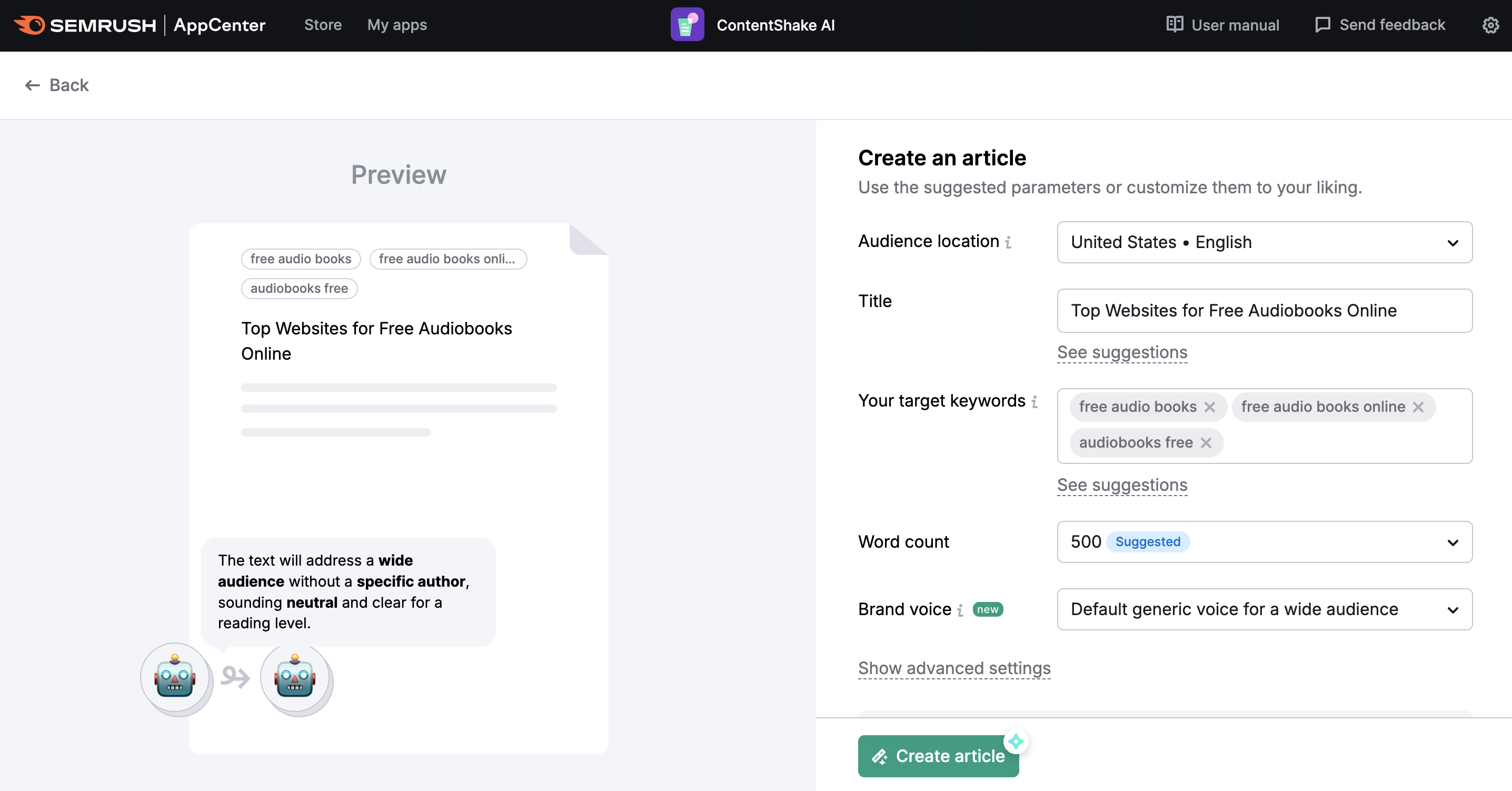 An example of the Create an article page in ContentShake AI.