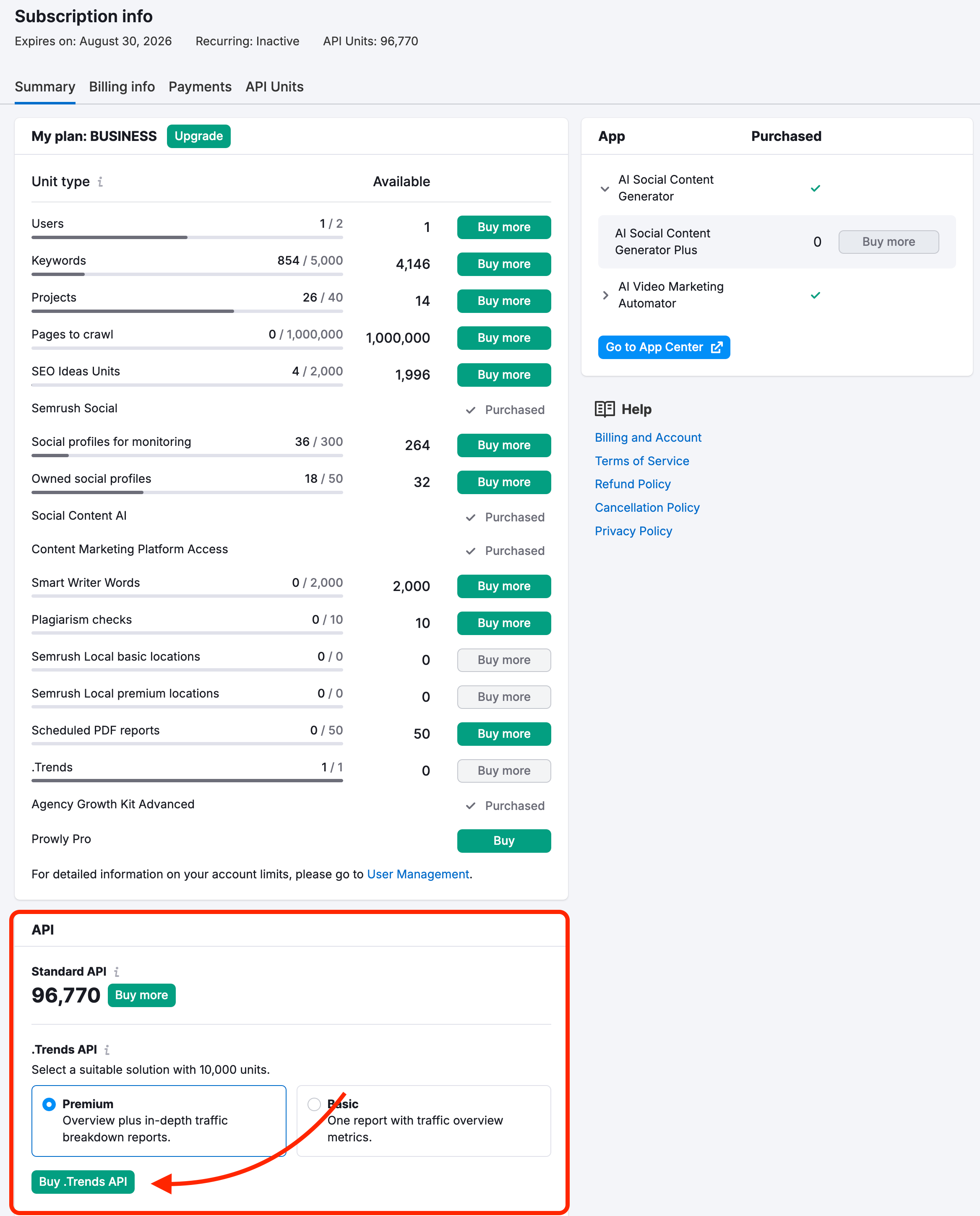 The Subscription info page with the .Trends API section highlighted.