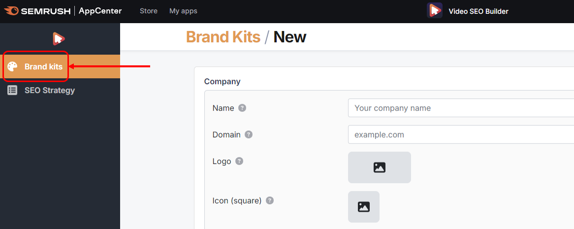 Adding a Brand Kit in the Video SEO Builder app.