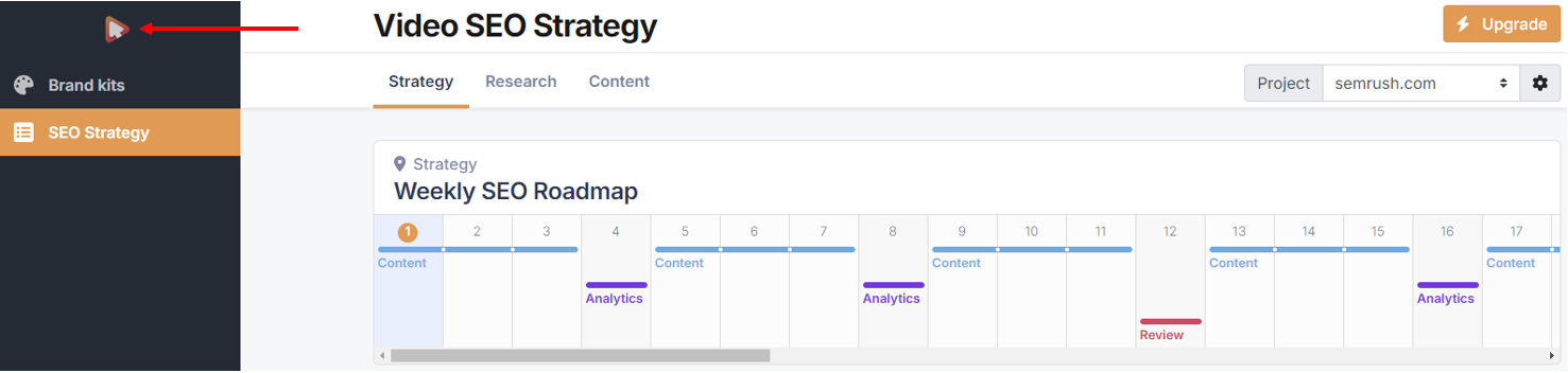 Navigating back to the dashboard in the Video SEO Builder app.