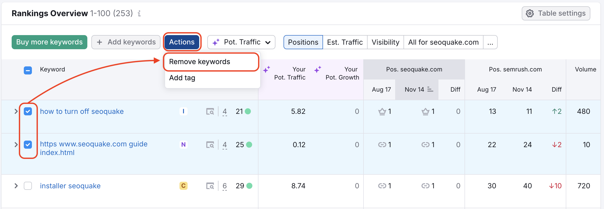 Deleting keywords in Position Tracking. 