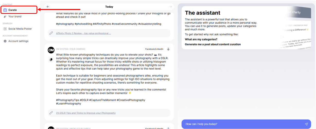 Navigating to your ‘Curate’ dashboard in AI Social Assistant.