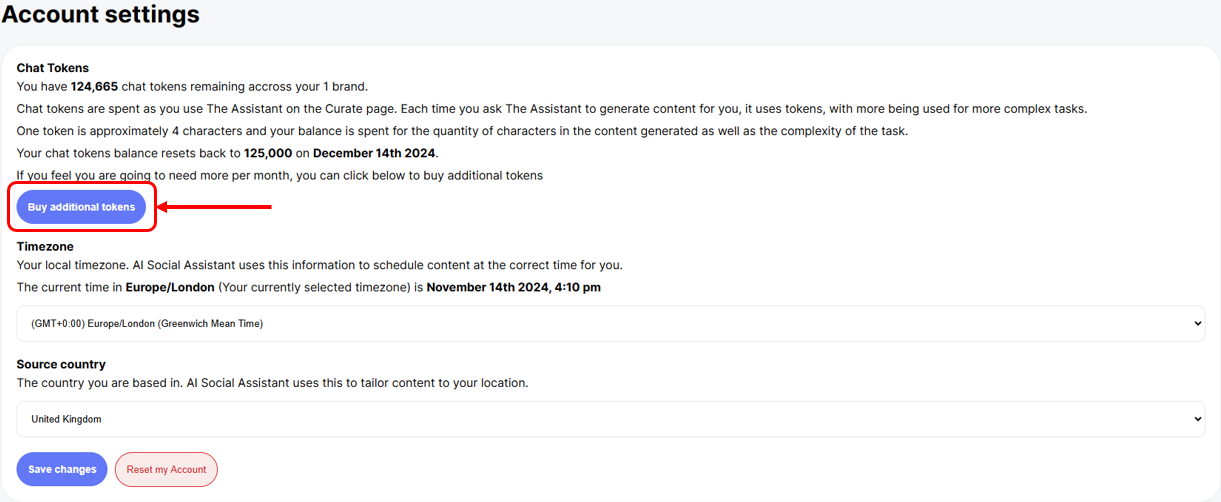How to buy additional tokens for the AI chat in AI Social Assistant.