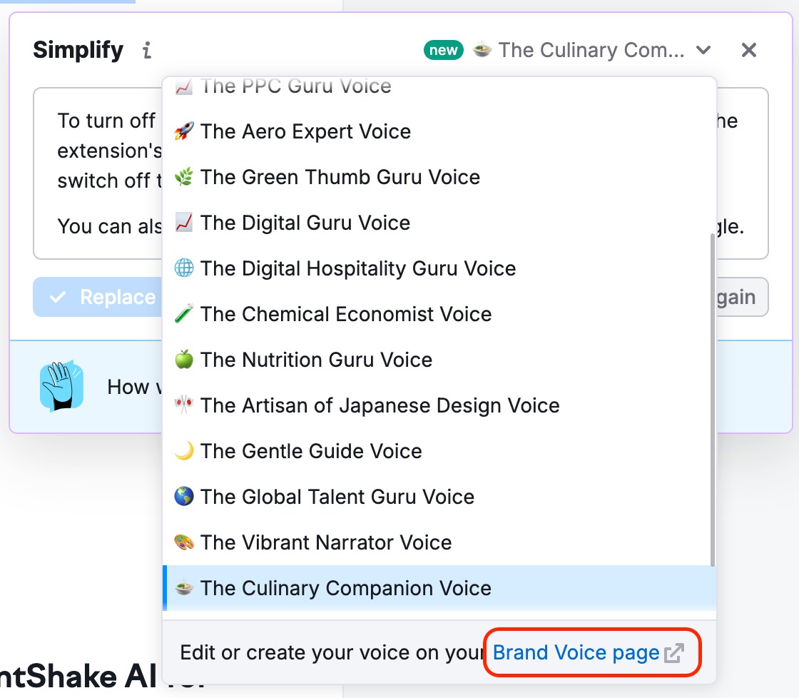 The Brand Voice page button is highlighted at the bottom of the list. 