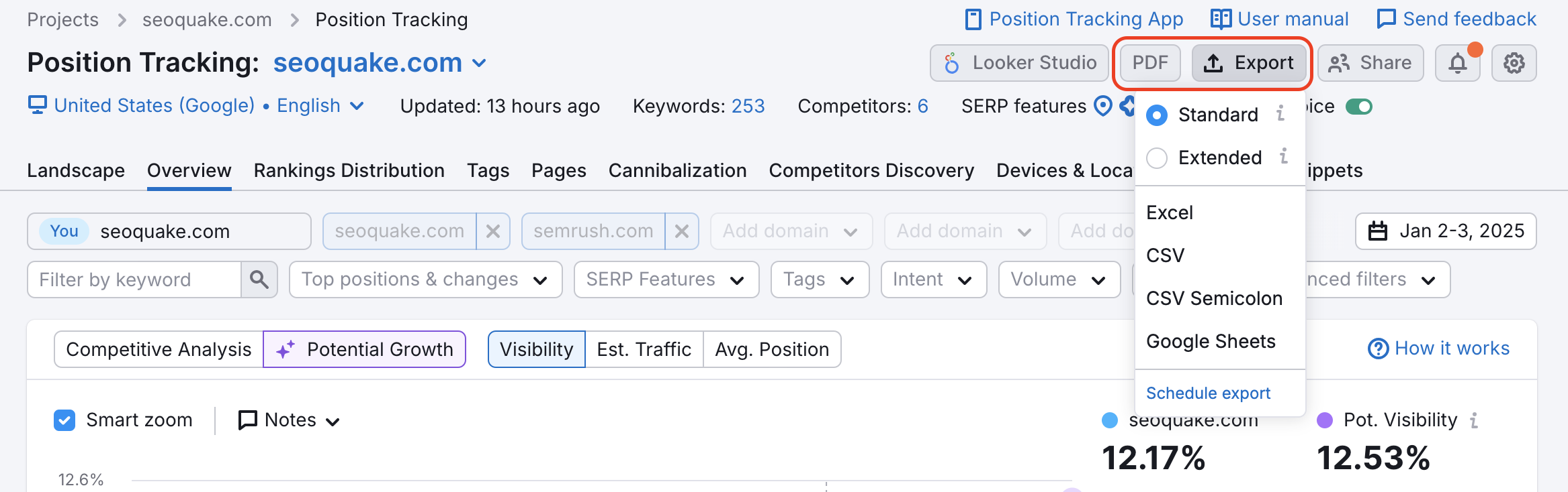 Export options in Position Tracking: PDF report and Excel, CSV, and Google Sheets.