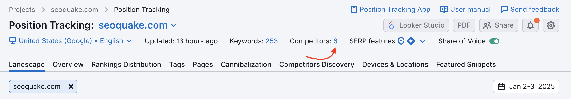 Position Tracking Landscape tab. A red arrow points to where to add competitors. 