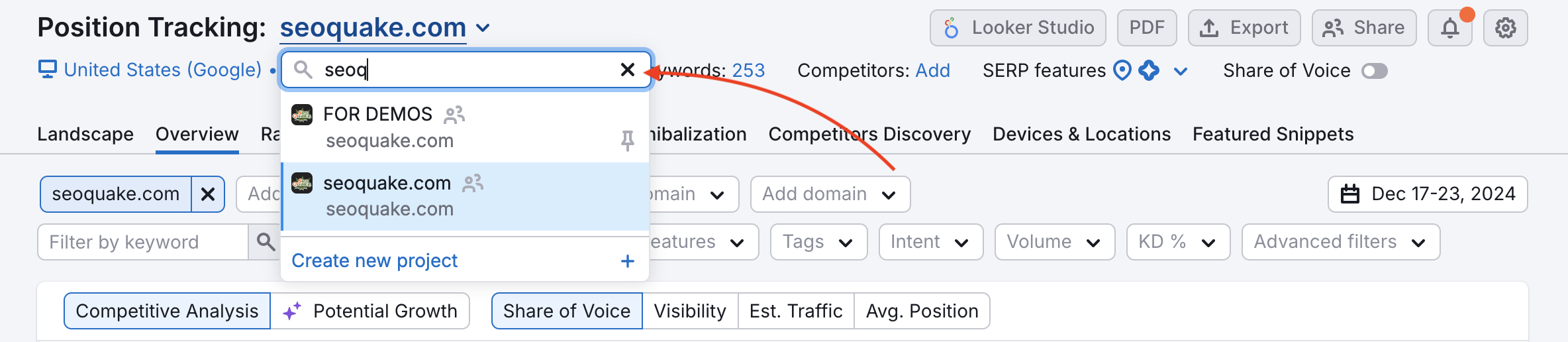 Selecting other projects in Position Tracking. 