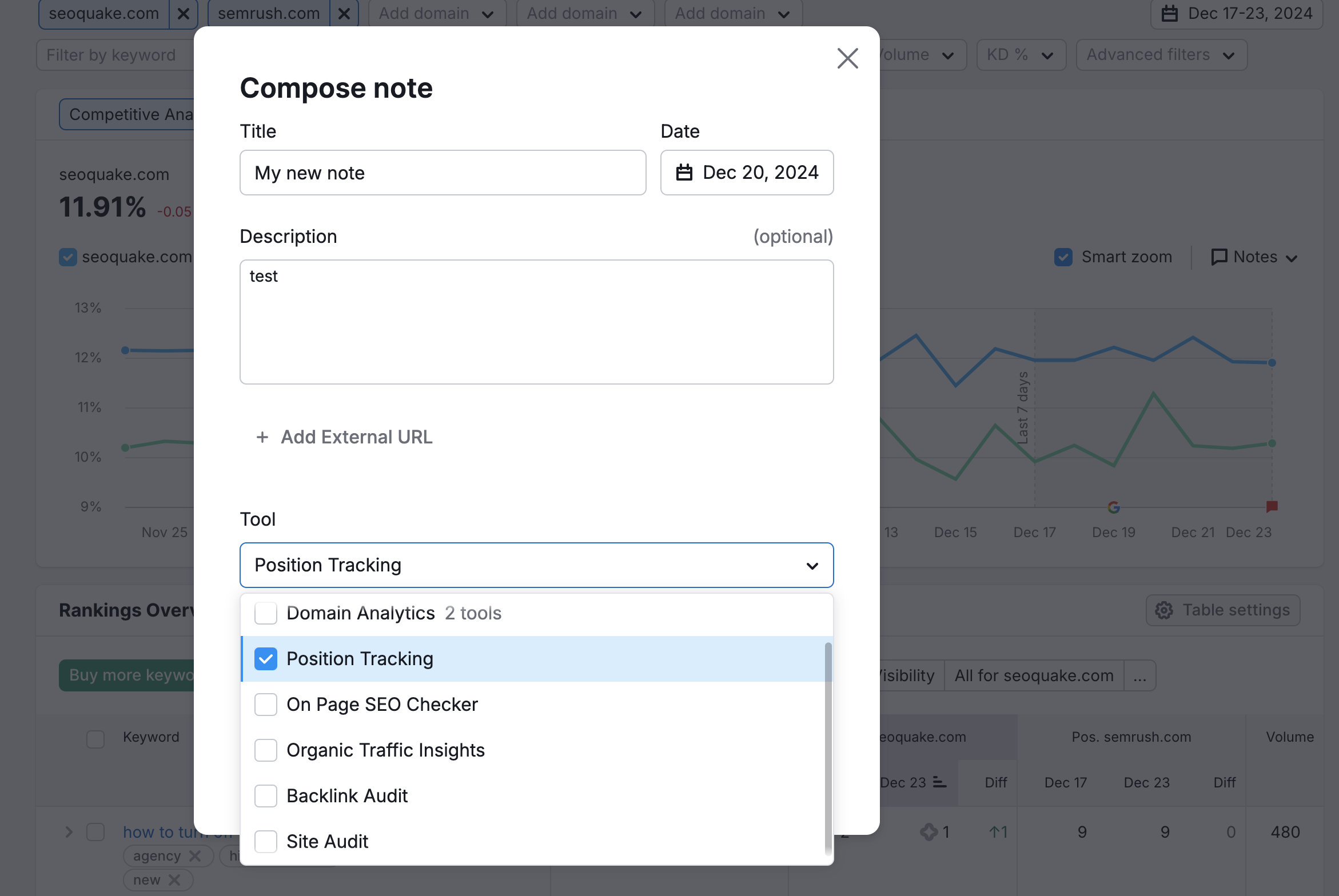 Compose note window. The following fields are available: Title, Date, Description, and Tool. Tool option is demonstrating the list of project tools for selection, such as Position Tracking, Backlink Audit, or Site Audit.