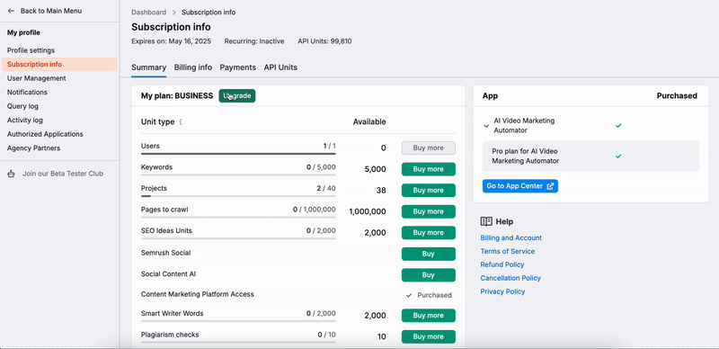 A pop-up window with annual and monthly prices appears by clicking the 'Upgrade' button in the Summary tab, Subscription Info page.